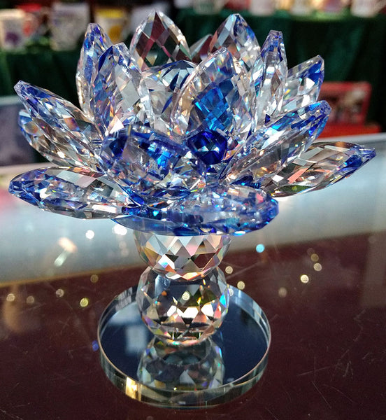 Pedestal Medium Blue Crystal Lotus with 40mm Crystal Ball